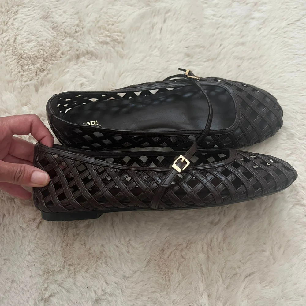 Zara Mocha Brown Woven Flats with Gold Detail